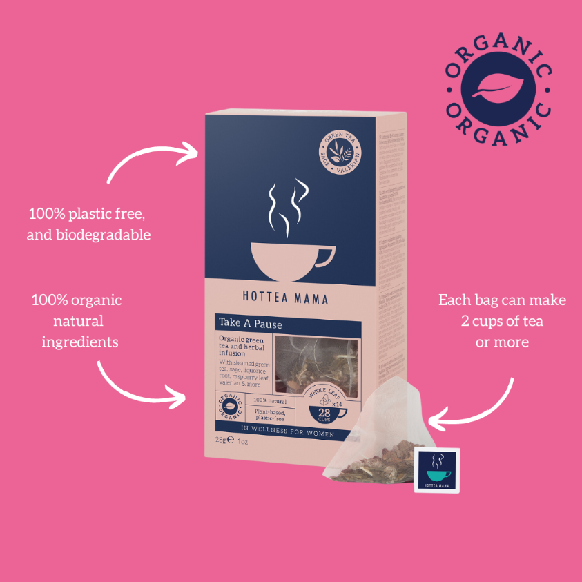 Take A Pause menopause tea infographic image showing that the tea blend is organic, natural, plastic free, biodegradable and each bag can make 2 cups of tea or more
