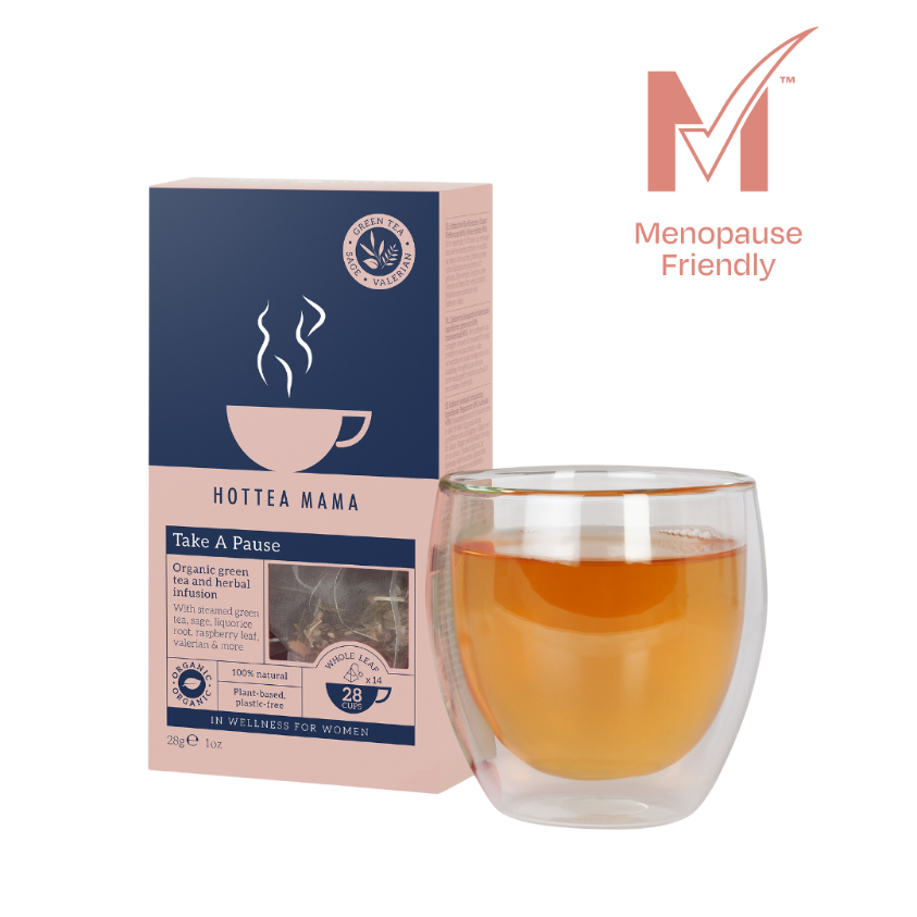 HotTea Mama Take A Pause organic menopause tea pack with a glass cup full of infused green tea, designed to support the most common symptoms of perimenopause and postmenopause