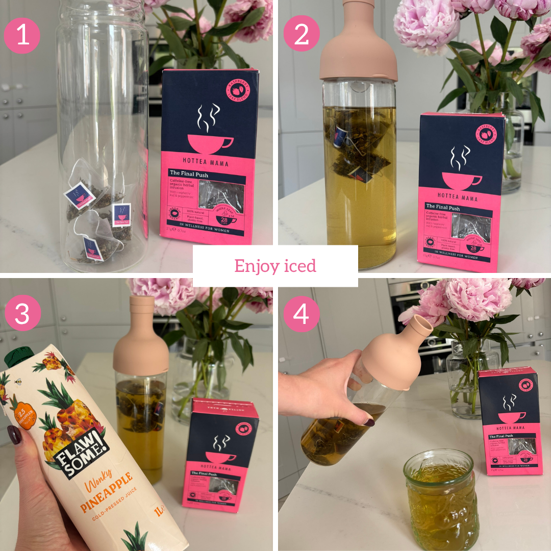 A four-panel collage demonstrating the use of a tea infuser bottle and tea bags to make The Final Push iced. 