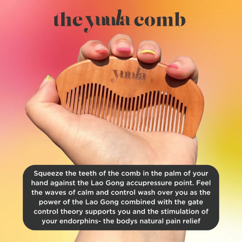 Yuula comb being gripped in a hand, with information about how the comb works to distract the mind, and provide natural pain relief