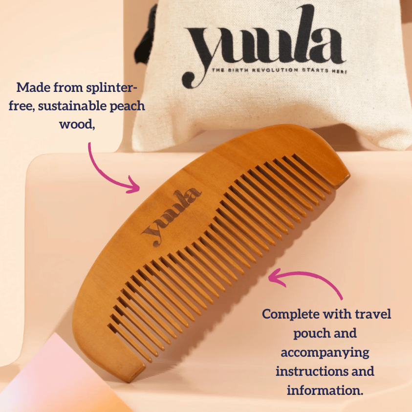 Yuula comb info-graphic with details about the sustainable wood it is made from, and travel ouch provided