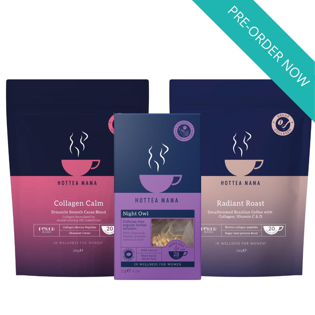 Three packages of Hottea Mama tea on a white background with 'Pre-Order Now' text.