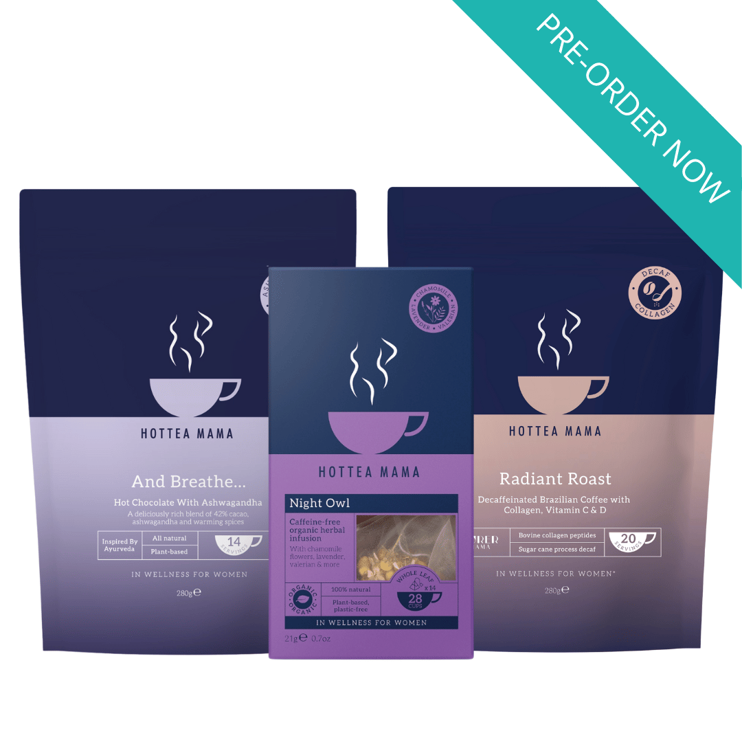Three Hottea Mama coffee packages on a white background with a 'Pre-Order Now' label.