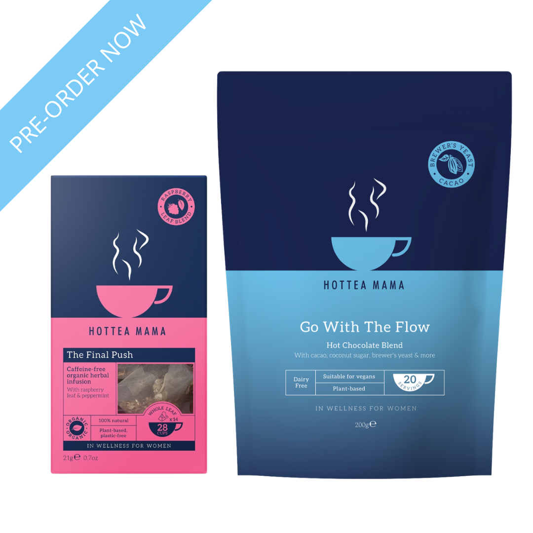 HotTea Mama Go With The Flow Hot Chocolate and The Final Push Raspberry Leaf Tea packages on a white background with a blue triangle pre-order banner.