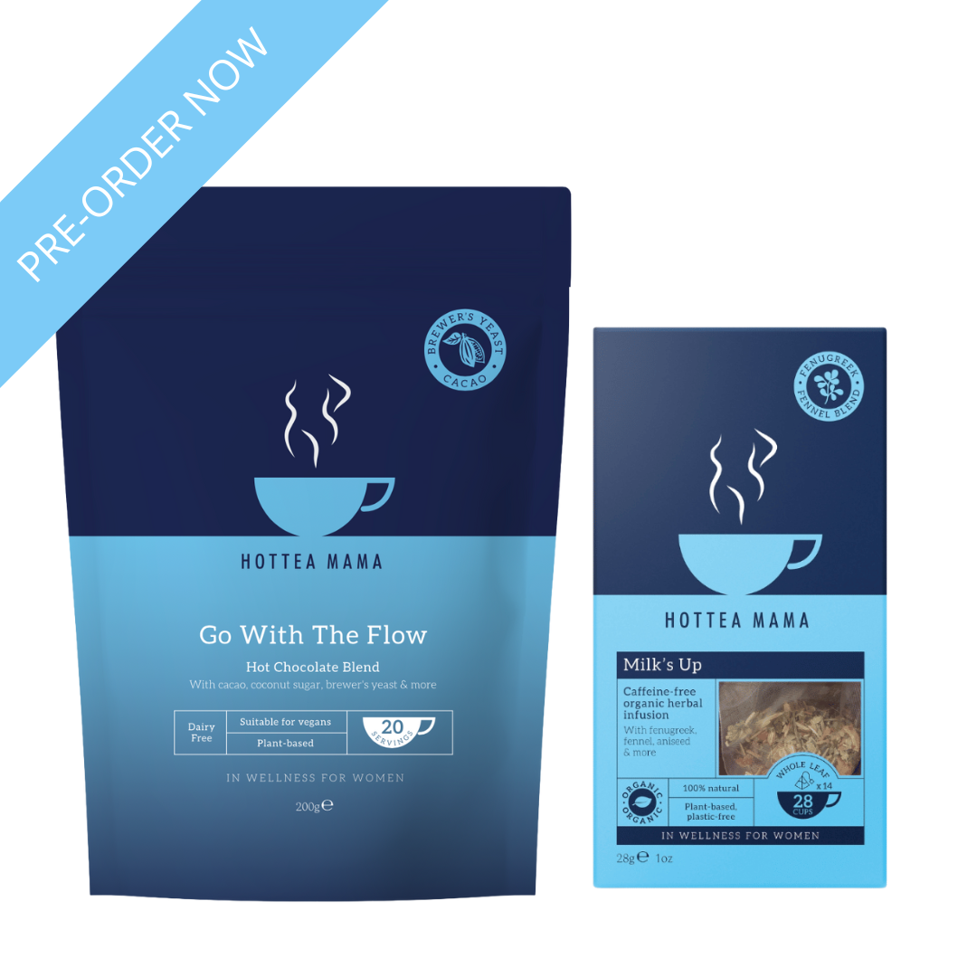 HotTea Mama Go With The Flow Lactation Support Hot Chocolate and Milk's Up Breastfeeding support tea blends on a white background