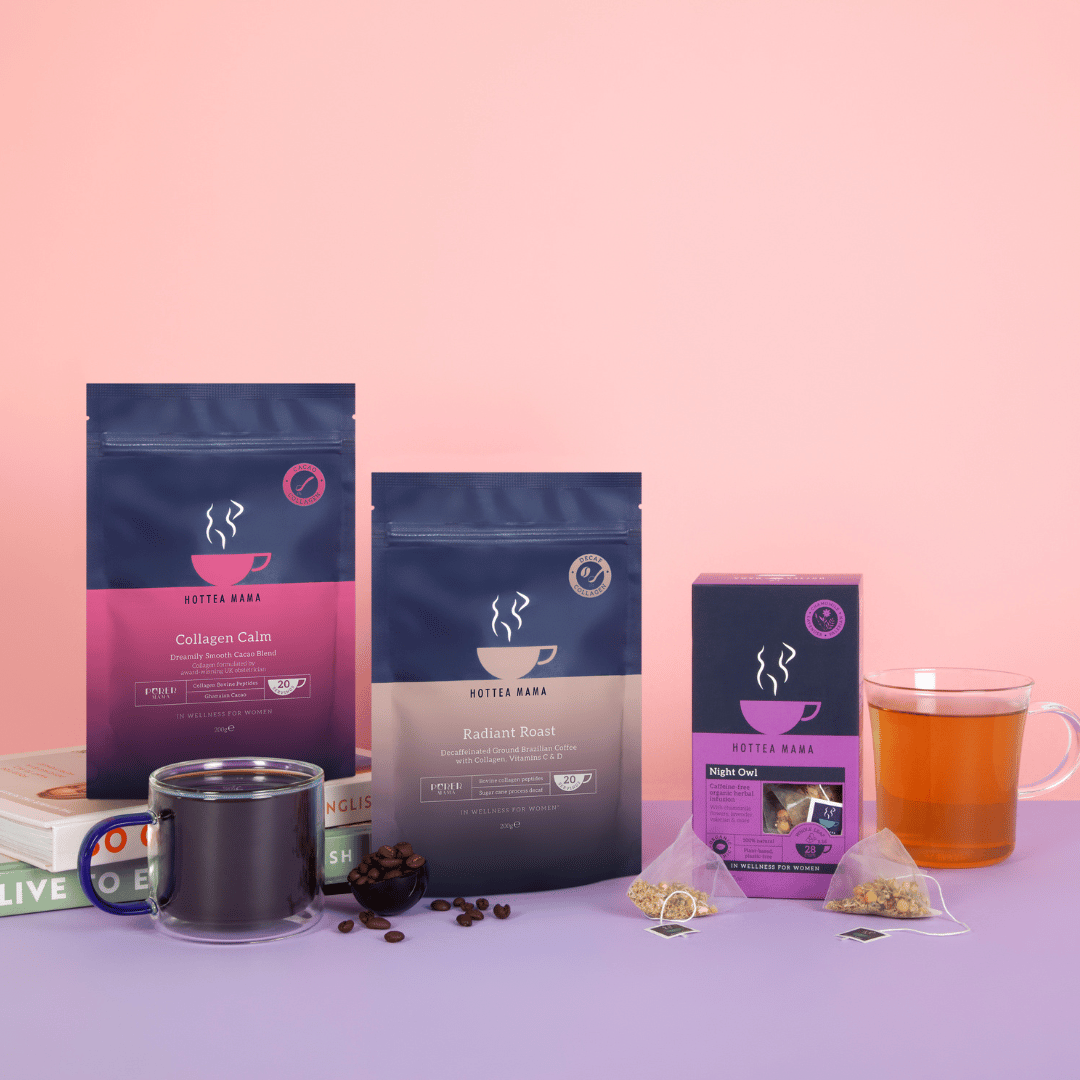 Hot Chocolate, Coffee and Tea packages  on a pink and purple gradient background with two glass cups with tea and coffee in them 