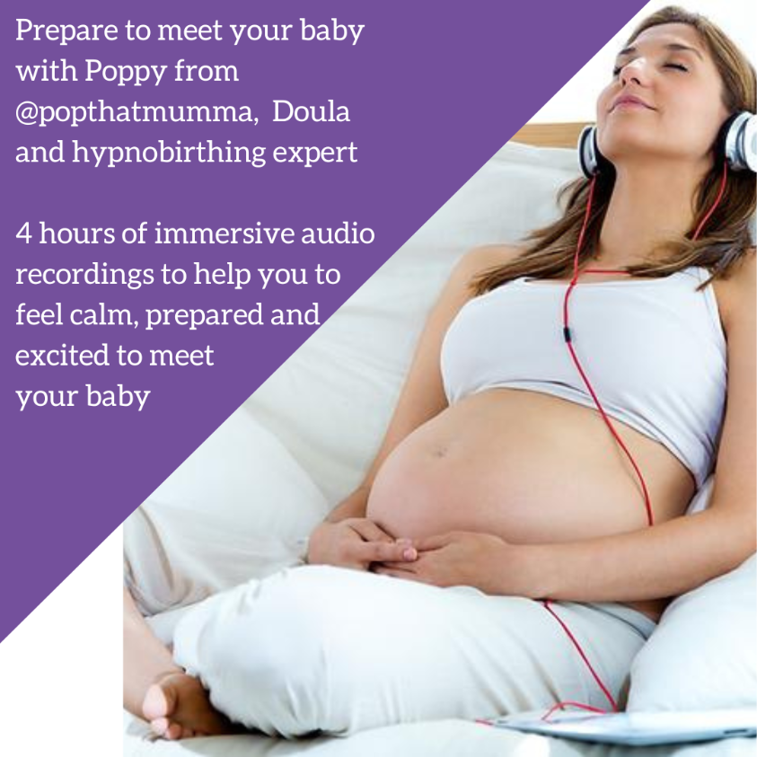Pregnant lady listening to headphones whilst holding her pregnant belly, and text explaining that you can prepare to meet your baby with Poppy from @popthatmumma, doula and hypnobirthing expert and 3 hours of recordings to help you prepare to meet your baby and feel relaxed.
