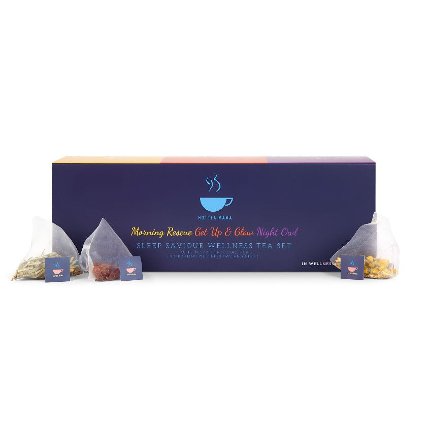 HotTea Mama Sleep Saviour Gift Set includes 3 caffeine-free fruit and herbal infusions with active ingredients to support your wellness 