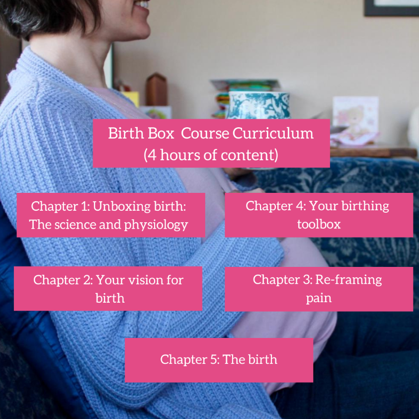 Photo of pregnant lady with text overlaid stating that the Birth Box curriculum has 4 hours of info with 5 chapters covering unboxing birth, vision of birth, reframing pain, a birthing tool box and your birth