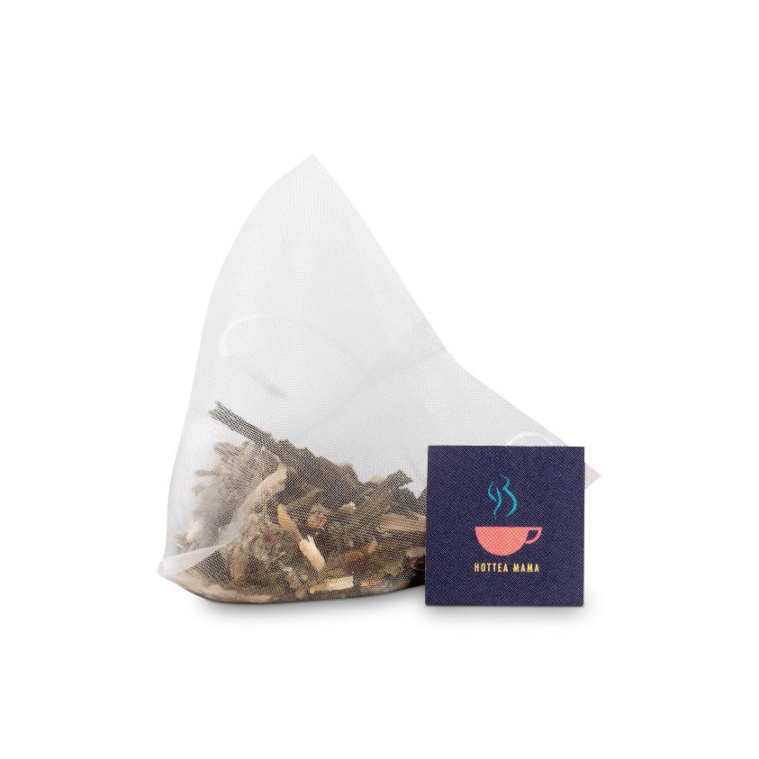 Take A Pause Menopause Tea Whole leaf tea bag, showing plastic free tea bag, green tea and herbal blend