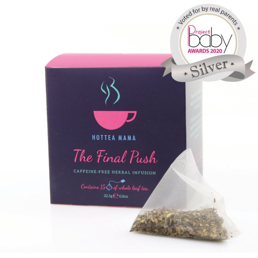 HotTea Mama The Final Push raspberry leaf tea pack shot with Project Baby Awards Logo